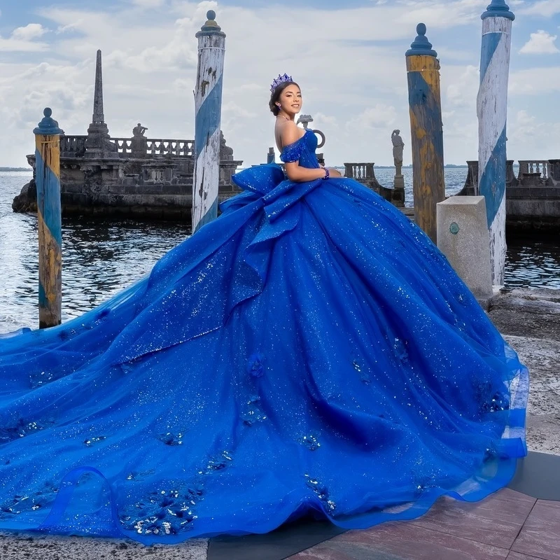 Royal Blue Quinceanera Dresses Off The Shoulder Applique Flower Beading Crystal Bow Corset Tull Party Birthday Sweet 16 Dress
