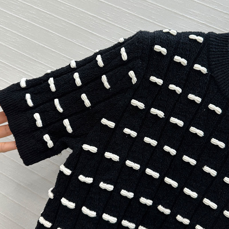 Designer Women's Black White Bow Tie Short Sleeve Pullover Retro Y2K Wool Blend Round Neck Soft Two Colors Luxury High Quality Chic Outerwear Clo