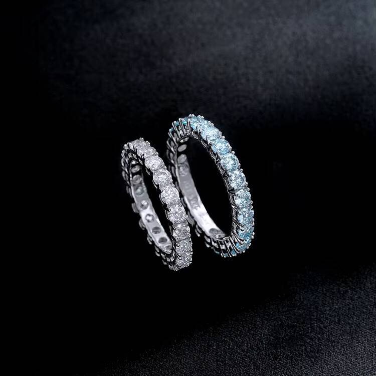 Luster Jewelry Silver 925 Hip Hop GRA 3mm 4mm 5mm Blue Moissanite Diamond Eternity Ring for Men Women