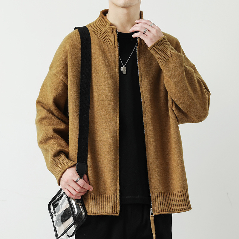 Autumn Winter New Stand Collar Cardigan Men Solid Color Thickened Designer Sweater Warm Long Sleeve Trendy Casual Lazy Style Knitted Men Sweater