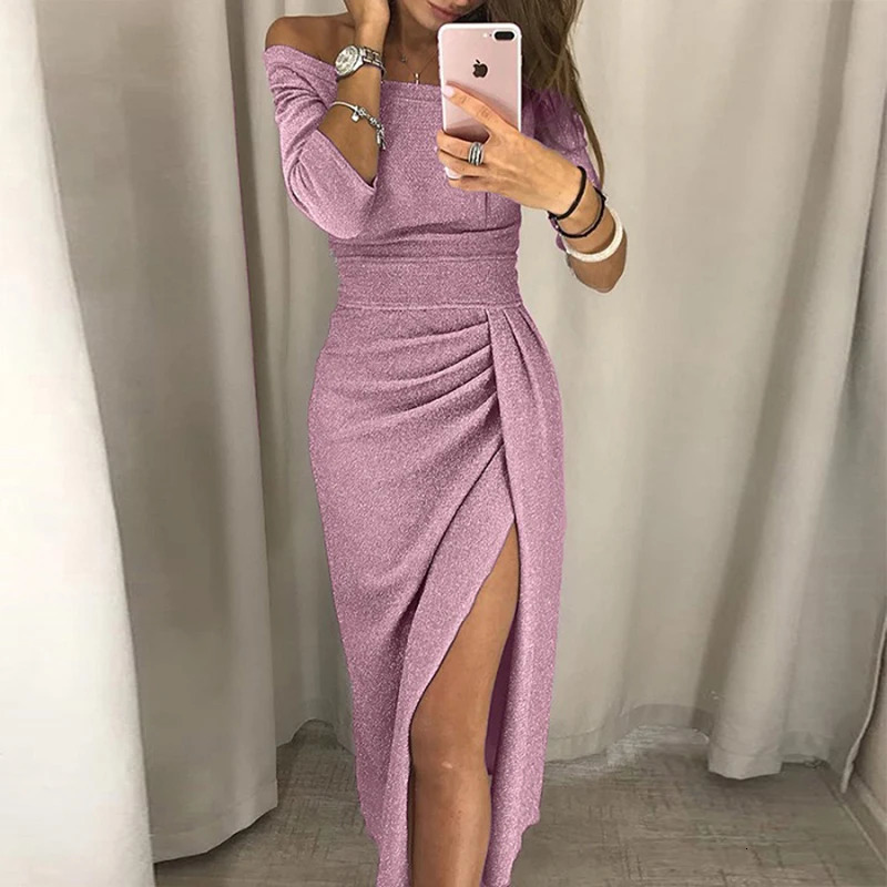 Womens High Waist Bodycon Dress Vintage Bling Sexy Dresses Off Shoulder Bright Silk Shiny Party Lady Split Autumn 251027