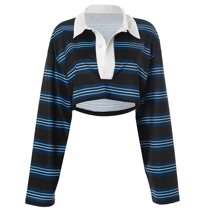 CUTENOVA Autumn Striped Polo Neck WomenS TShirt Top Pullover Short LongSleeved TShirt Top WomenS Fashion Streetwear Top 251027