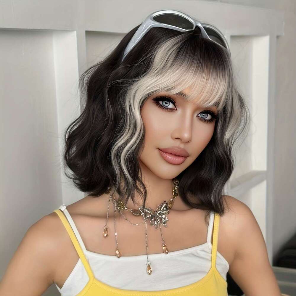 7Jhh WIGS Women's Bob With Bangs - High-Density Loose Wave Gradient Black To Siery White, Heat-Resistant Synthetic Daily Party Use, 14 Inch Rose 