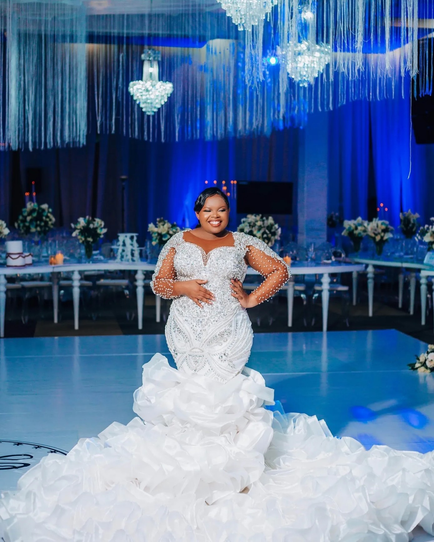 Arabic Aso Ebi Plus Size Mermaid Wedding Dress in Ivory with Luxurious Beaded Crystals and Full Sleeves