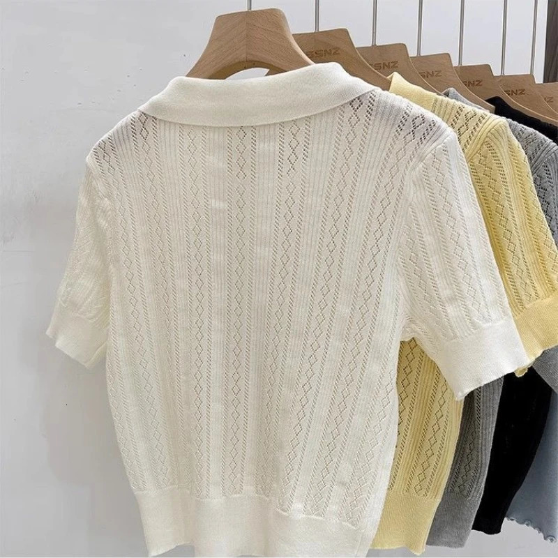 Matakawa Solid Knitted Tshirts Hollow Out Thin Spring Summer Sweet T Shirt for Women Korean Fashion Elegant Ropa De Mujer 251027