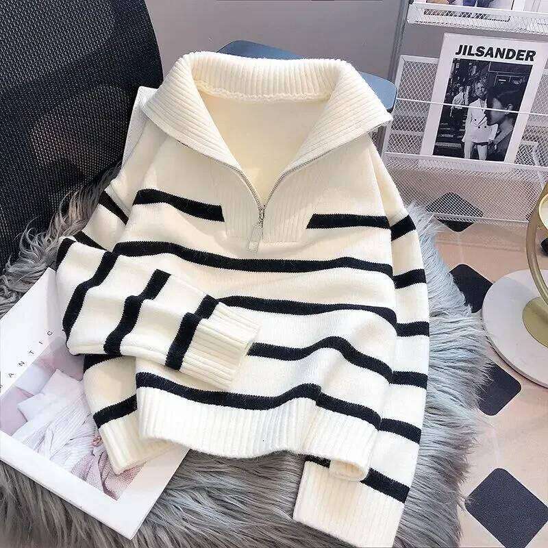Sweater Pullover Women Spring And Autumn Underwear 2025 New Zipper Stripe Underlay Short Style Popular Premium Sweater Female Women Sweater Designer S