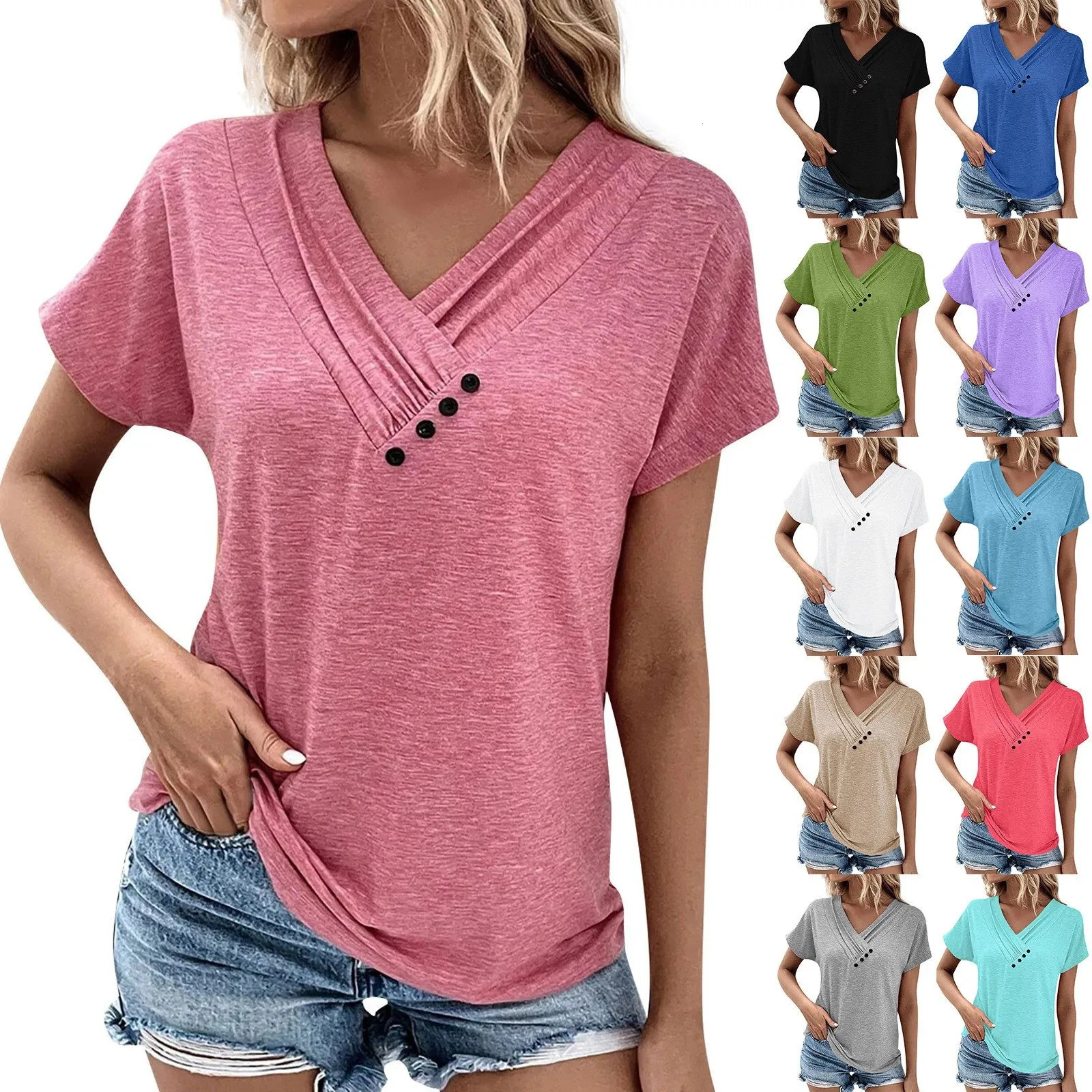 Fashion Women T Shirt Solid Color V Neck Short Sleeve Basic Tops Tee Streetwear Summer Oversized Clothing Female TShirts 251027