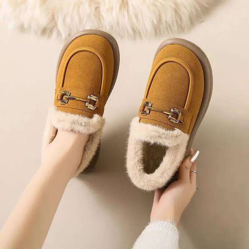 Casual Furry Snow Boots Women Winter Low Cut Short Thickened Warm Cotton Slip-On Flats Korean Style Flat Heel Shoes