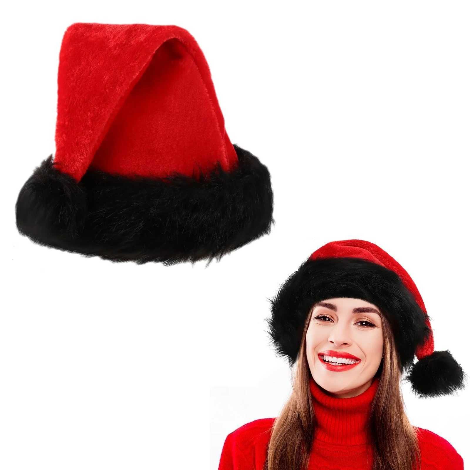 Red Christmas Hat for Adults Plush Style with Black Brim Holiday Costume Prop Decoration Cute Small Gift for FriendsW251027