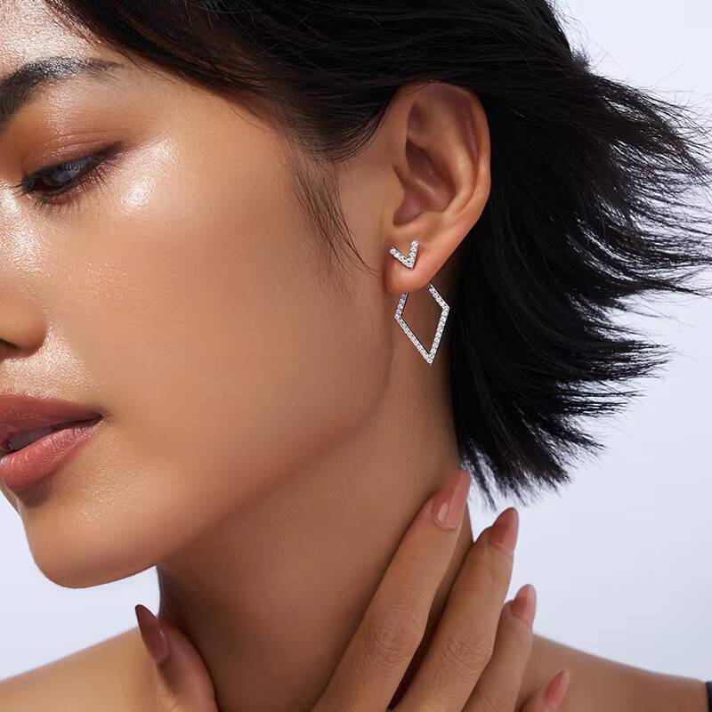 S925 Sterling Silver Rhombic Shaped Fashion Moissanite Earrings Women Fine Jewelry Gold Plated Luxury Stud Earrings