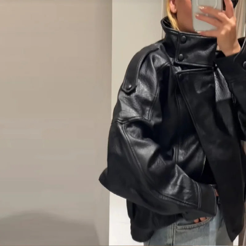 Stylish Pu Leather Jacket Standcollar Loose Long Sleeved Coat Cool Casual Chic Versatile Outerwear Autumn Women Streetwear 251023