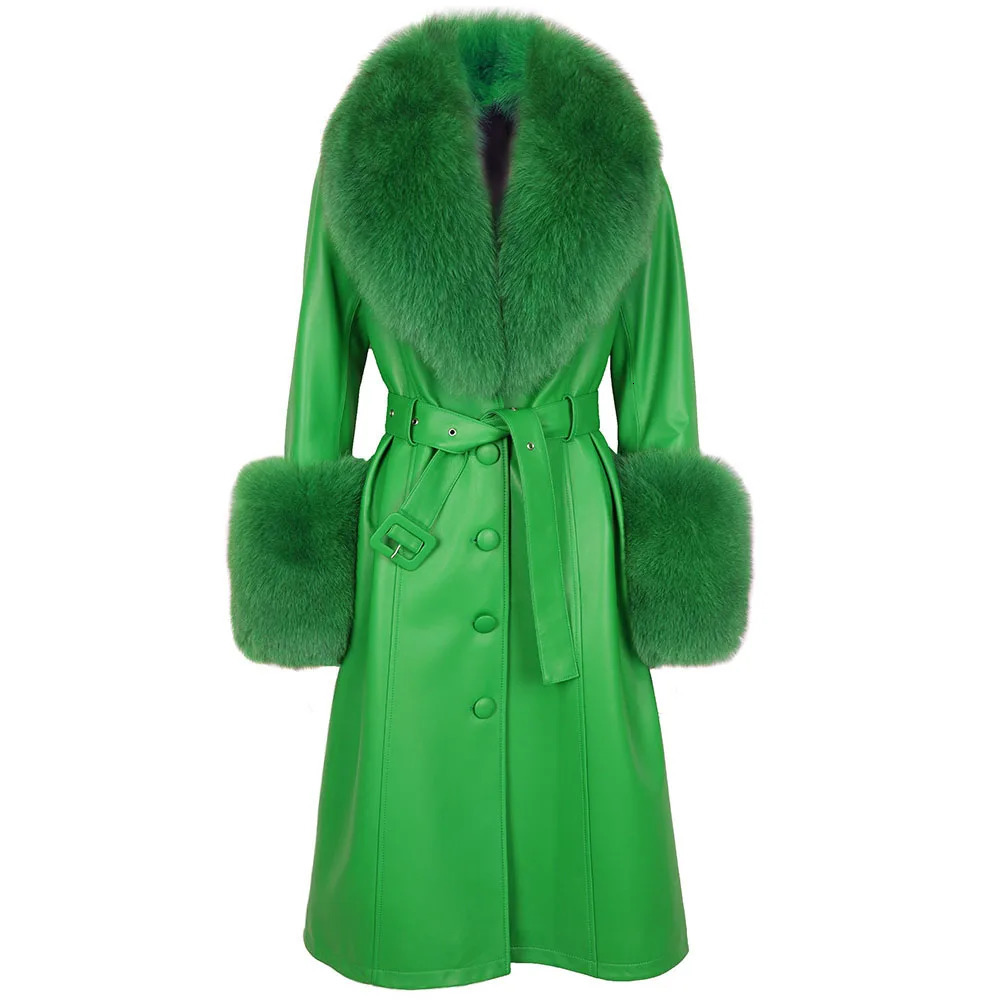YOLOAgain Plus Size Jacket Coats Detachable Real Fox Fur Collar Cuffs Genuine Leather Coat Long Women 251027