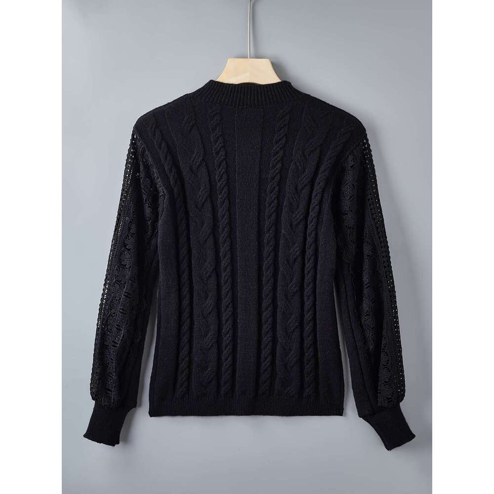 Women's Elegant With Detail - Collar, Geometric Pattern, Fall/Winter Style, Contrast Design, Winter Lace | Mandarin Collar Top, Sweater Top