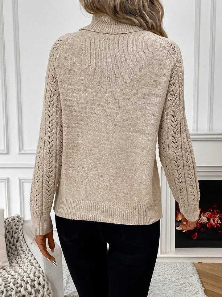 High Neck Knit Sweater 100 Acrylic Hollow Weave Loose Fit Womens Casual Pullover for FallWinterT251027