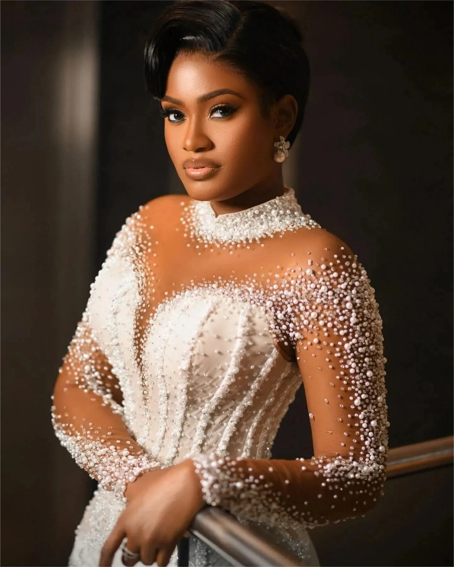 Aso Ebi White Mermaid Wedding Dresses Pearls Beaded Luxurious Satin Long Sleeves Bridal Gown