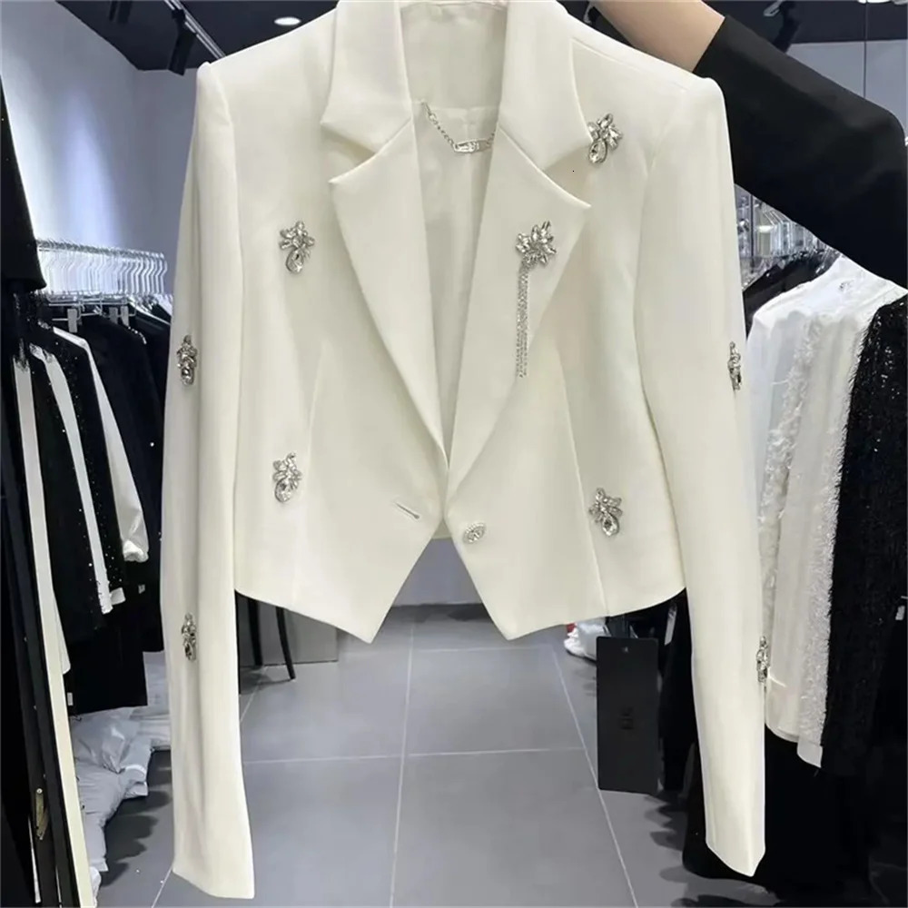Spring Women Long Sleeve Suit Short Coat n Sense Heavy Industry Diamond studded Beads Wide Shoulders Irregular 251027