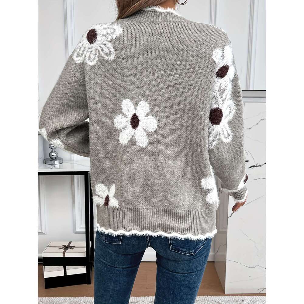 Floral Pattern Drop Shoulder Scallop Edge Sweater