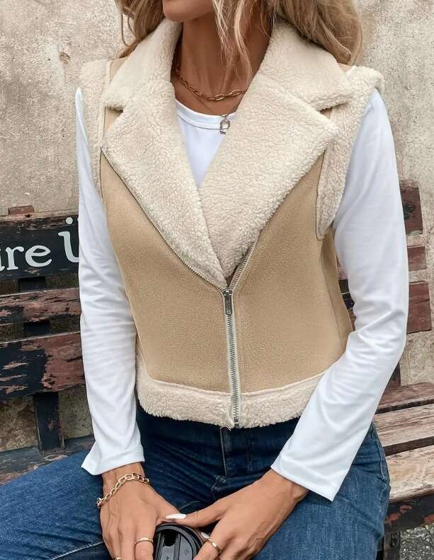 Women's Autumn Winter Short Loose Casual Sleeveless Fur-Lined Faux Wool Vest Jacket For Women 1fb3