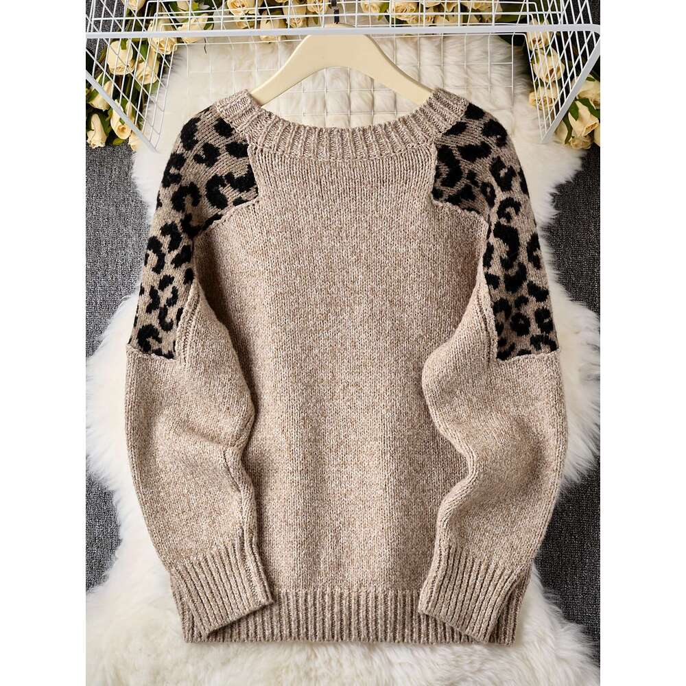 Vintage Stylish Leopard Print Pullover Sweater For Women, Autumn And Winter Top.