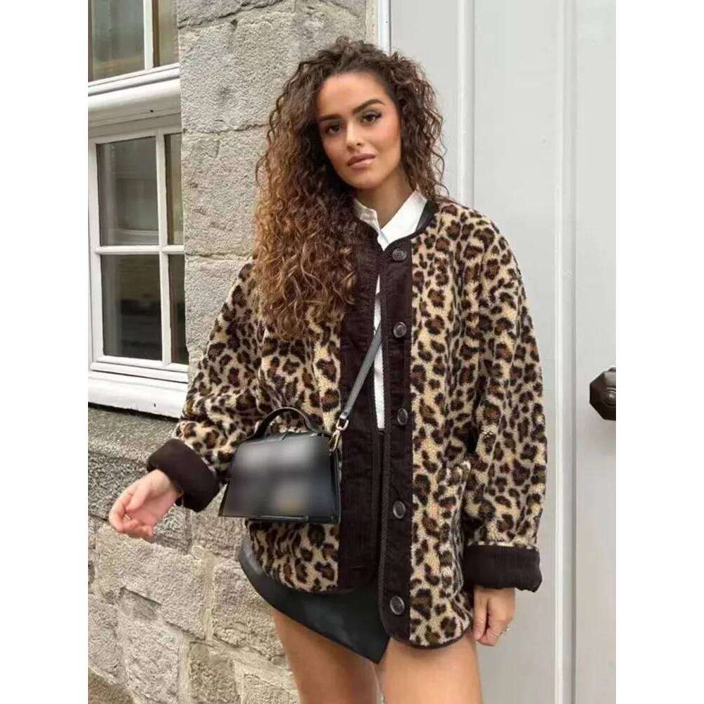 HH Women Winter Fleece Leopard Print Loose Jacket Vintage O-Neck Long Sleeves Y2k Female Casual Fuzzy Coat Outwears