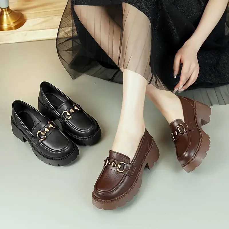 Womens Platform Loafers British Style Slip Round Toe Oxfords Metal Chain Buckle Ladies Chunky Heel Jk Uniform Lolita ShoesXJ251027