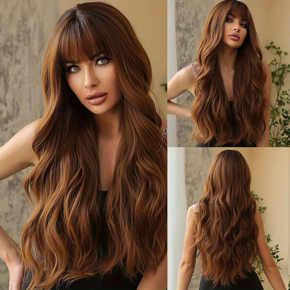 28 Inch Reddish Brown Long Curly Wavy With Bangs Synthetic Body Wave Wigs Women For Daily Costume Party Cosplay Use