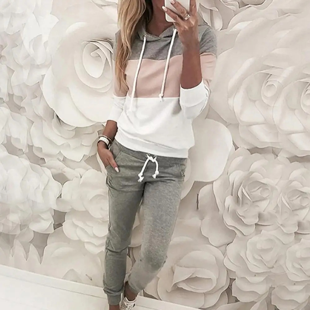 Simple Casual Outfit Pullover Midrise Stretchy Fall Winter Hooded Slim Fit Casual Tracksuit Sweatshirt Pants Set Coldproof 251027