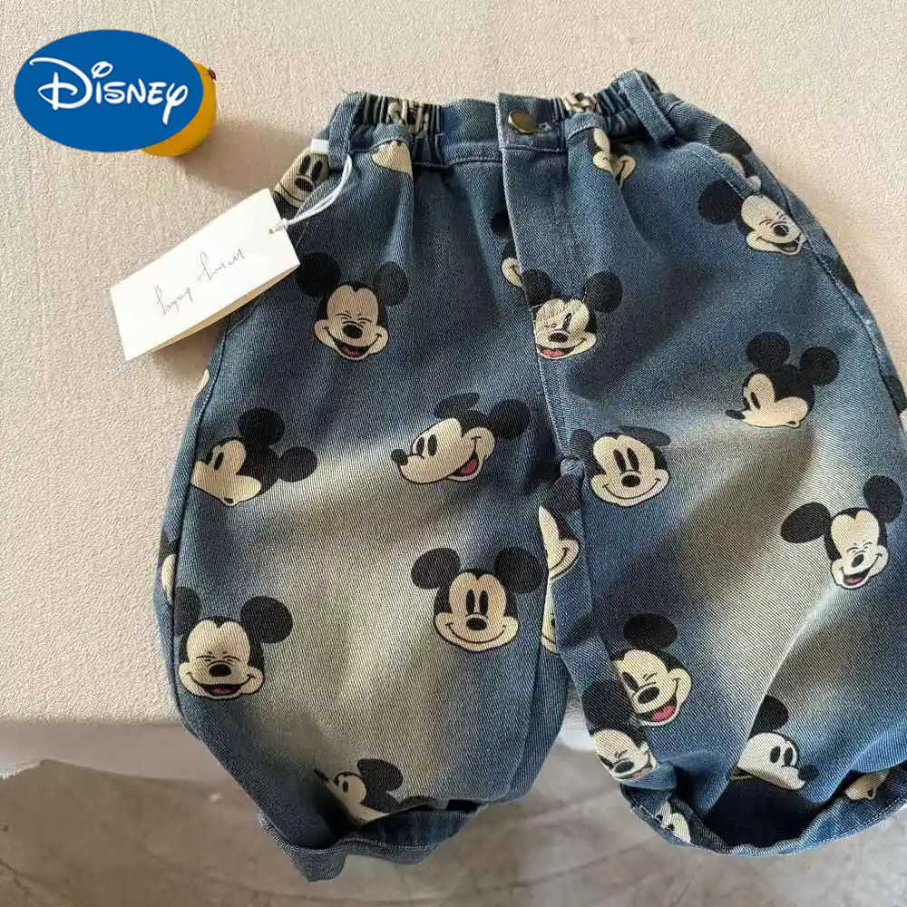 Disney Baby Boys Girls Denim Pants Cartton Mickey Print Versatile Casual Straight Jeans Spring Autumn Childrens Loose Trousers H251027