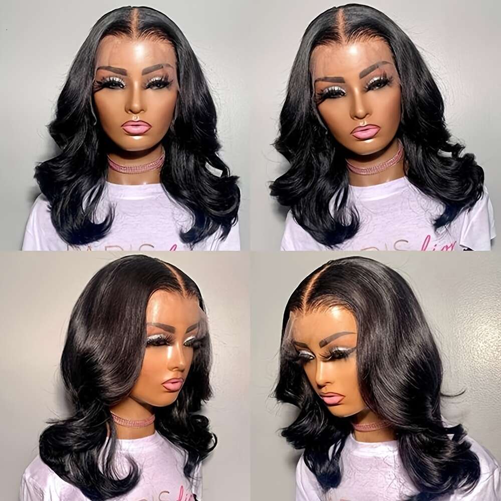 Short Wavy Bob Wigs Black Color Hair 13X4 Free Part 16 Inch Body Wave Synthetic Lace Front Wig Shoulder Length Glueless Pre Plucked For Women Daily Wo