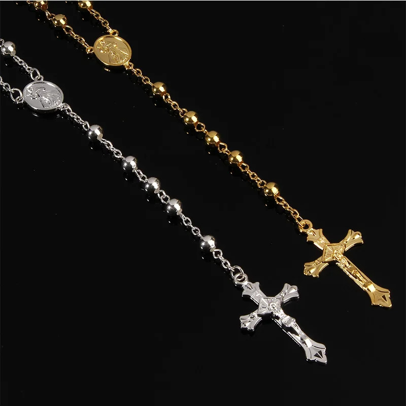 6MM gold iron bead rosary necklace high quality beautiful cross pendant rose 251024