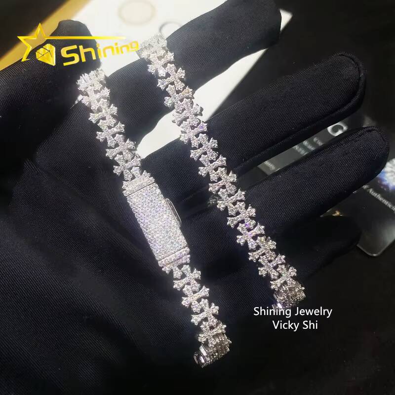 Fine Jewelry Hip Hop Iced 8mm Moissanite Cross Bracelet Pass Tester 925 Silver VVS Moissanite Diamond Cuban Link Chain
