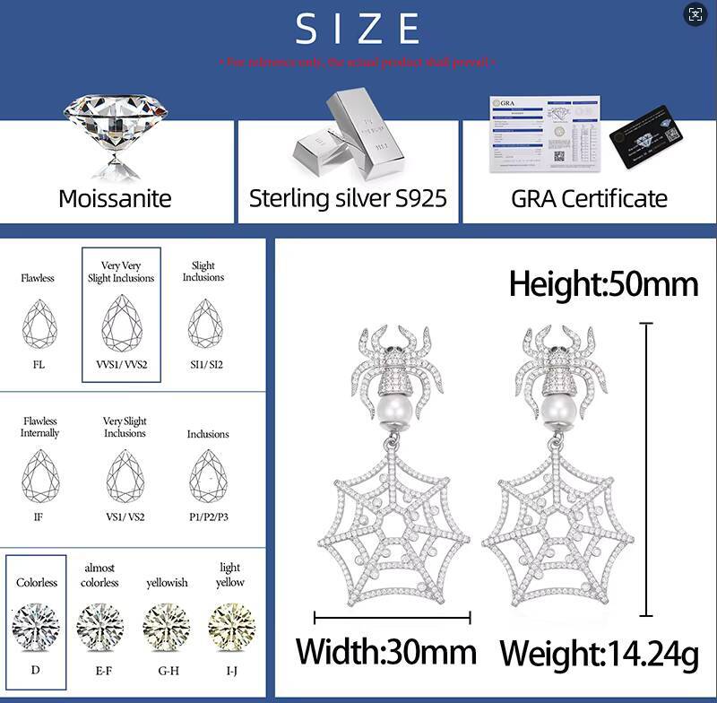 Creative Design Spider Jewelry Earrings 925 Sterling Silver VVS Moissanite Diamond Spider Web Pendant Earrings for Party Gift