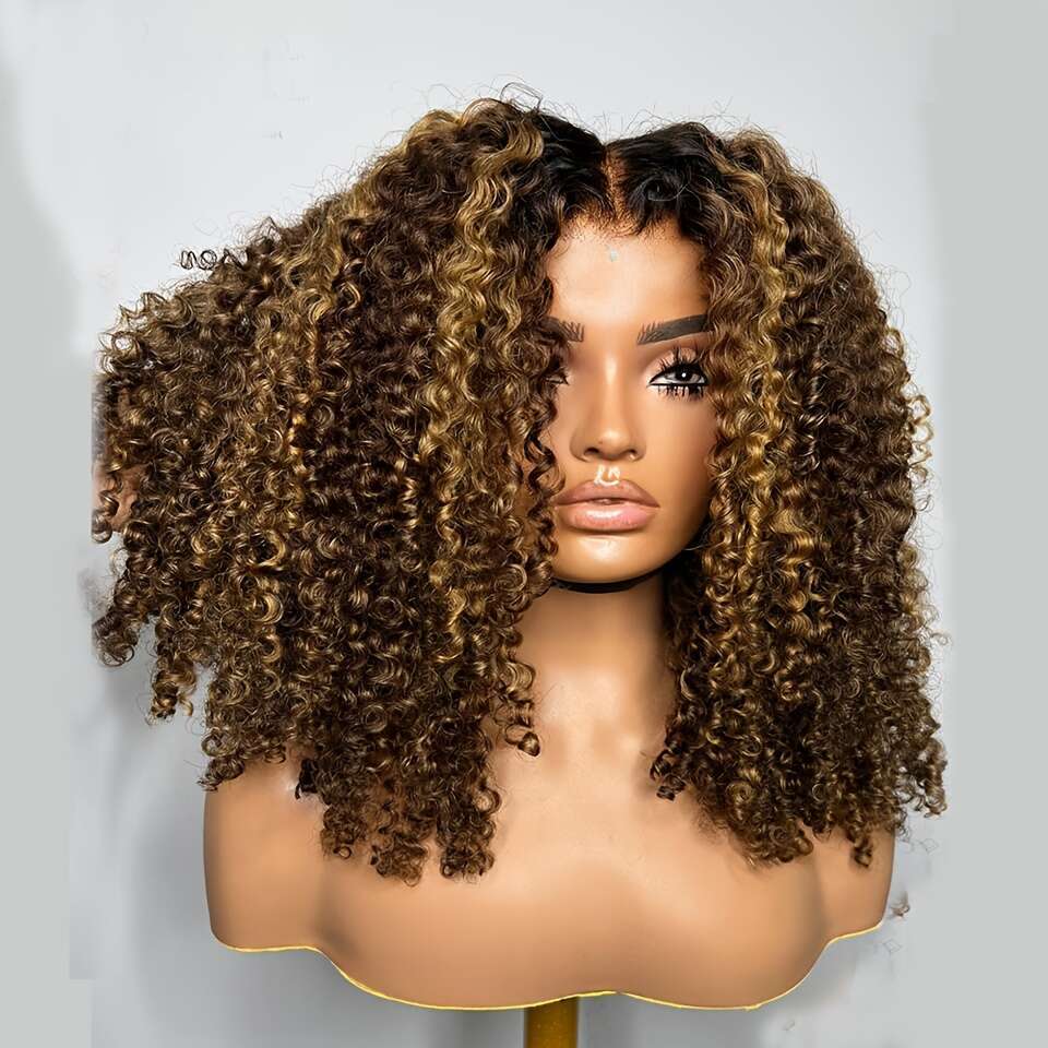 Women's Soft 16" Long Highlight Blonde Kinky Curly Lace Front Wig - 180 Density Preplucked Hairline, Heat Resistant Synthetic Hair, Elegant 