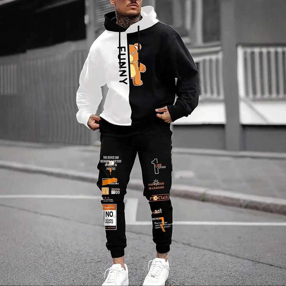 Autumn Winter American Style Hooded 3D Digital Print Sweatshirt Sweatpants Jacket Men's Trendy Hoodie Sports Set Men