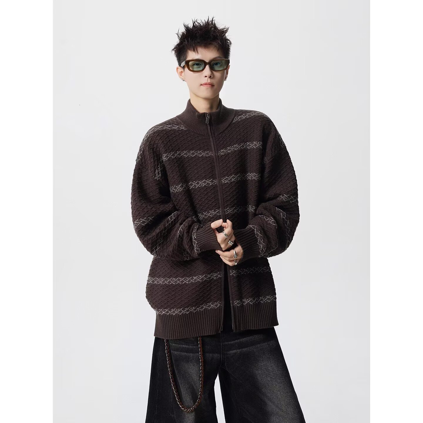 Striped Stand Collar Patchwork Knit Designer Sweater Sweater For Men Autumn American Style Loose Casual Sweater Youth Loose Cardigan Jacket