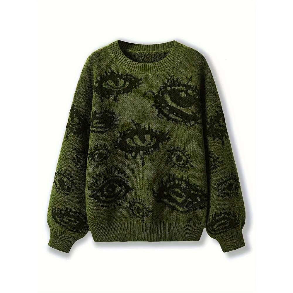 Women's Y2k Punk Eye Print Loose-Fit Long Sleeve Sweater - Black White Top, Round Neck Casual Streetwear For Fall & Winter, Autumn Winter Apparel