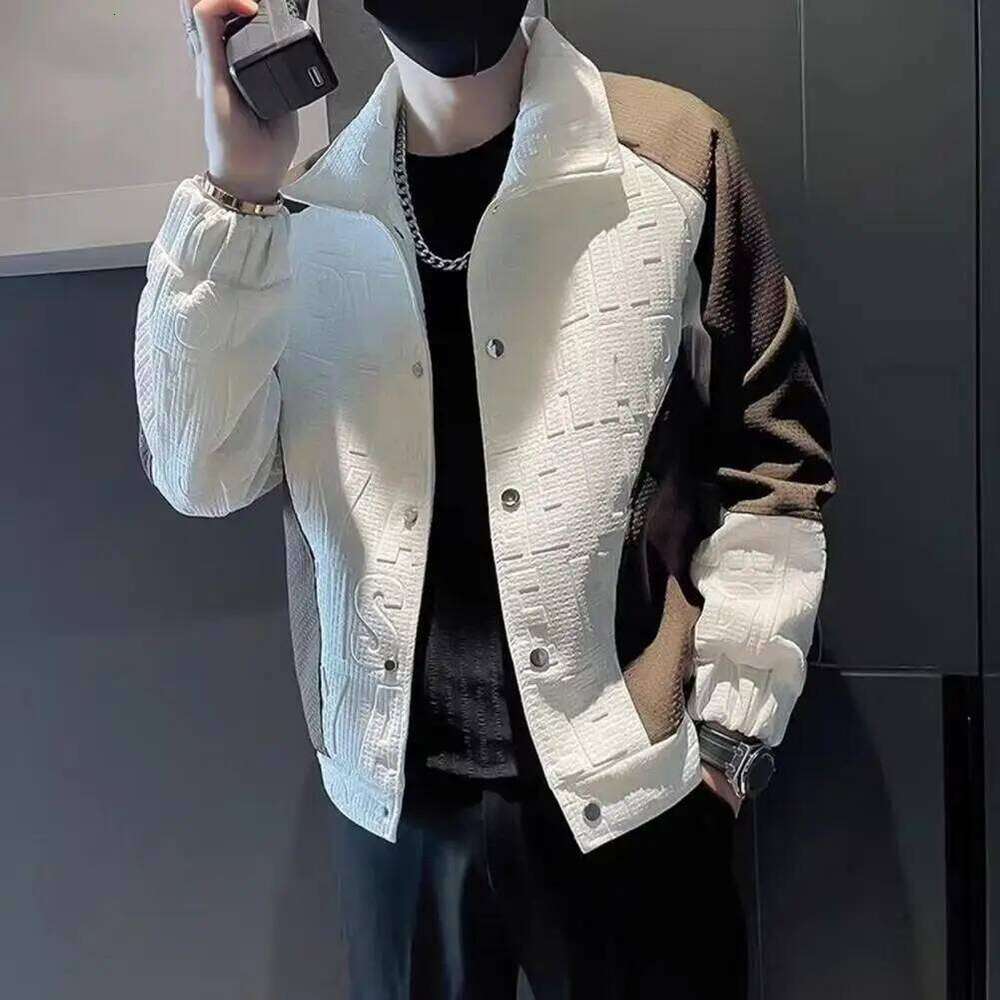 Men Lapel Long Sleeve Coat Hip Hop Style Windproof Design Color-Blocked Jacket with 3D Letter Pattern