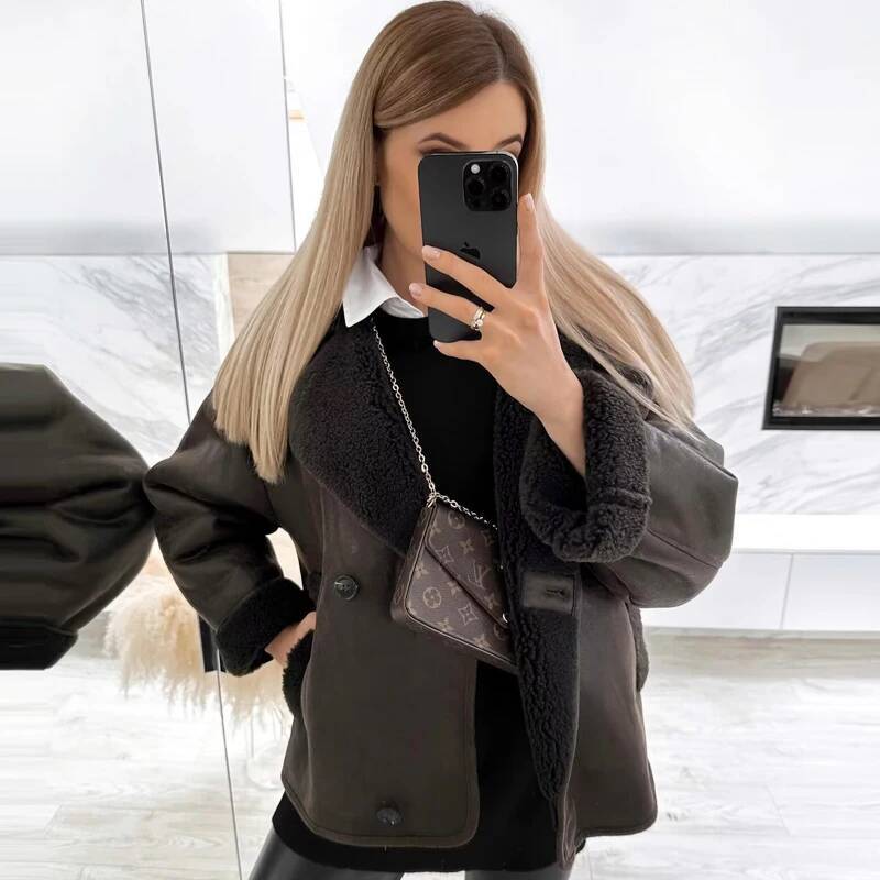 winter jacket women HXAO Women's Jackets Winter Female Leather Faux Fur Coat Button Crop Outerwears Windbreak Waterproof Brown Long Sleeve Tops