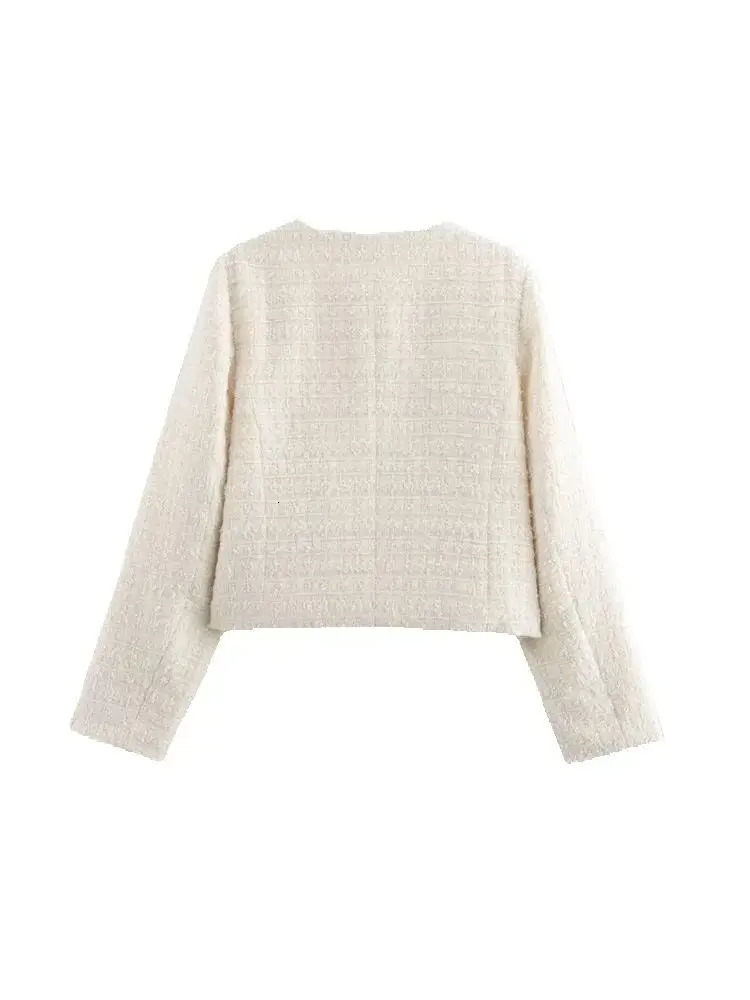 Womens Long Sleeve Tweed Jacket Front Pockets Golden Buttons O Neck Coat Female Outerwear Chic Tops Fashion 251027