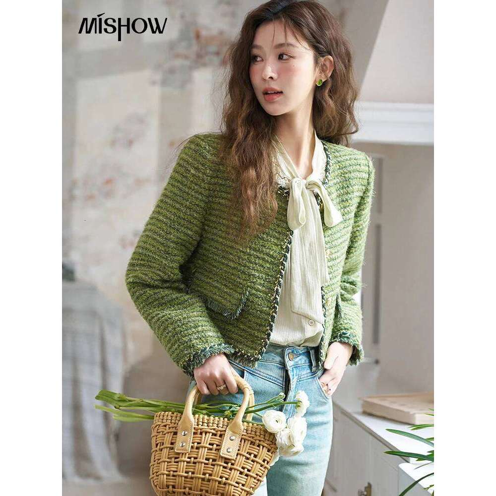 French Small Fragrant Short Jacket for Women Autumn Round Neck Coarse Tweed Woven Tape Splicing Green Top MXD14W0363