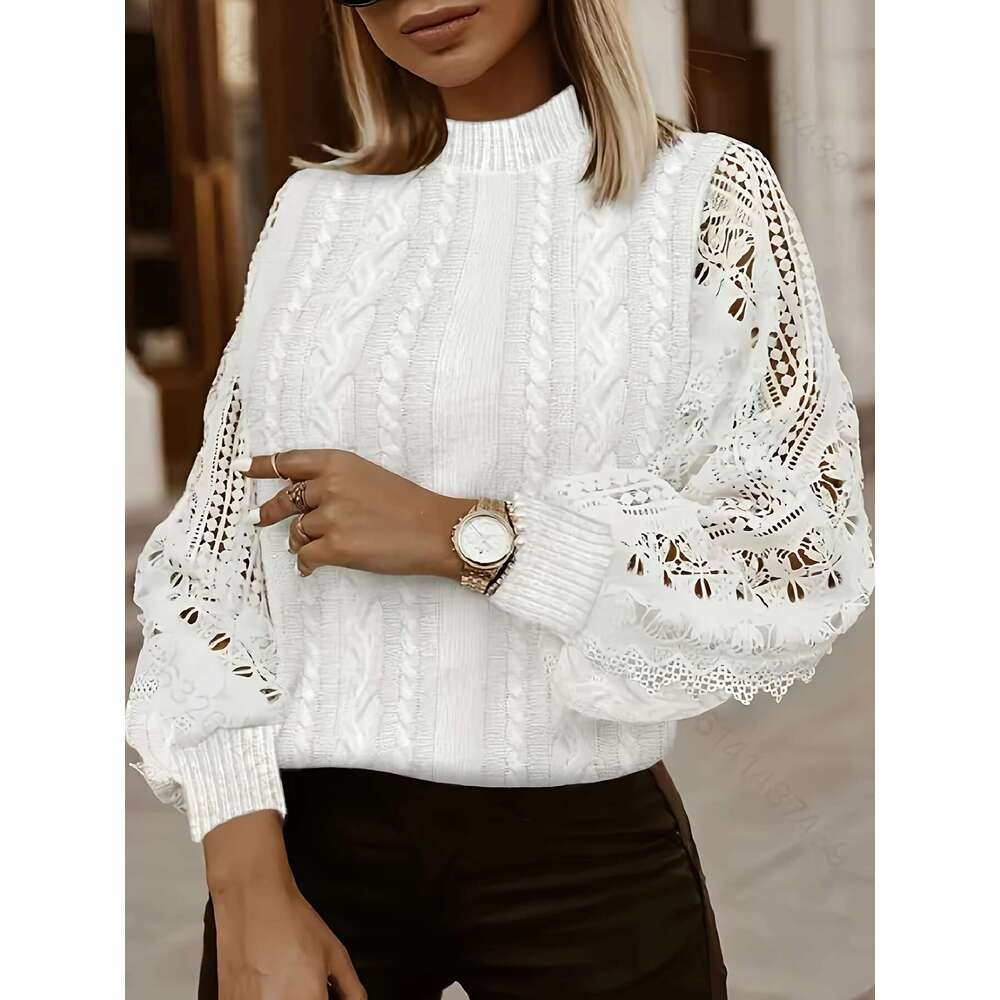Women's Elegant With Detail - Collar, Geometric Pattern, Fall/Winter Style, Contrast Design, Winter Lace | Mandarin Collar Top, Sweater Top