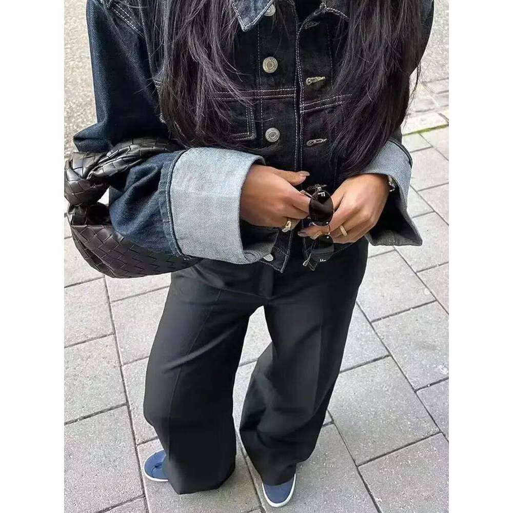 HH 2024 Autumn Female Vintage Denim Suit Long Sleeve Single Breasted Lapel Coat+High Waist Wide Leg Jeans Street Fashion Set