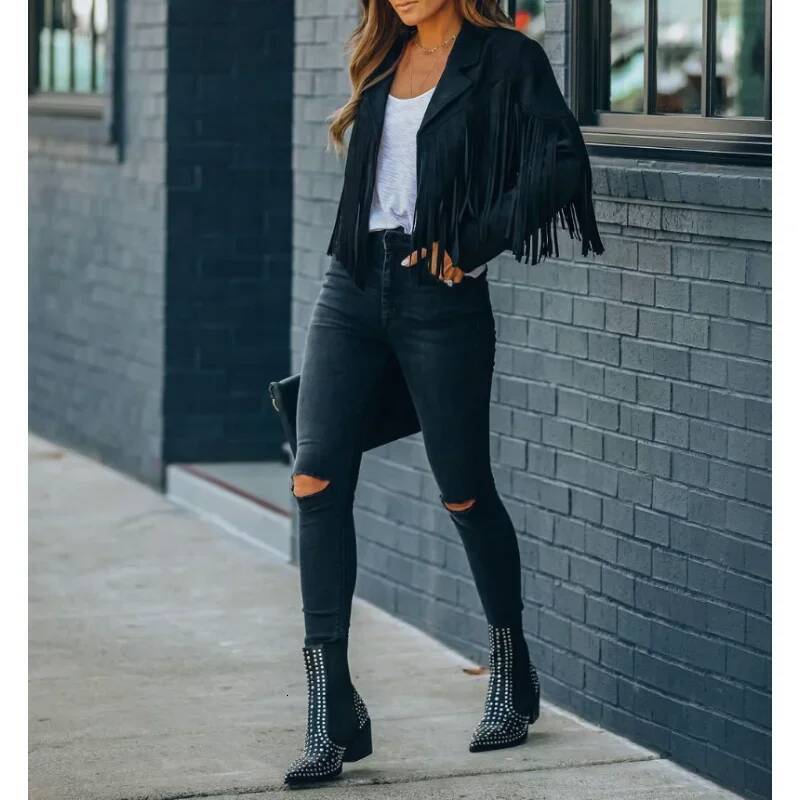 winter jacket women Fashion Winter Women Y2k Fringed Hem Tassel Cardigan Crop Topsr Suede Leather Jacket Vintage Streetwear Cool Coat