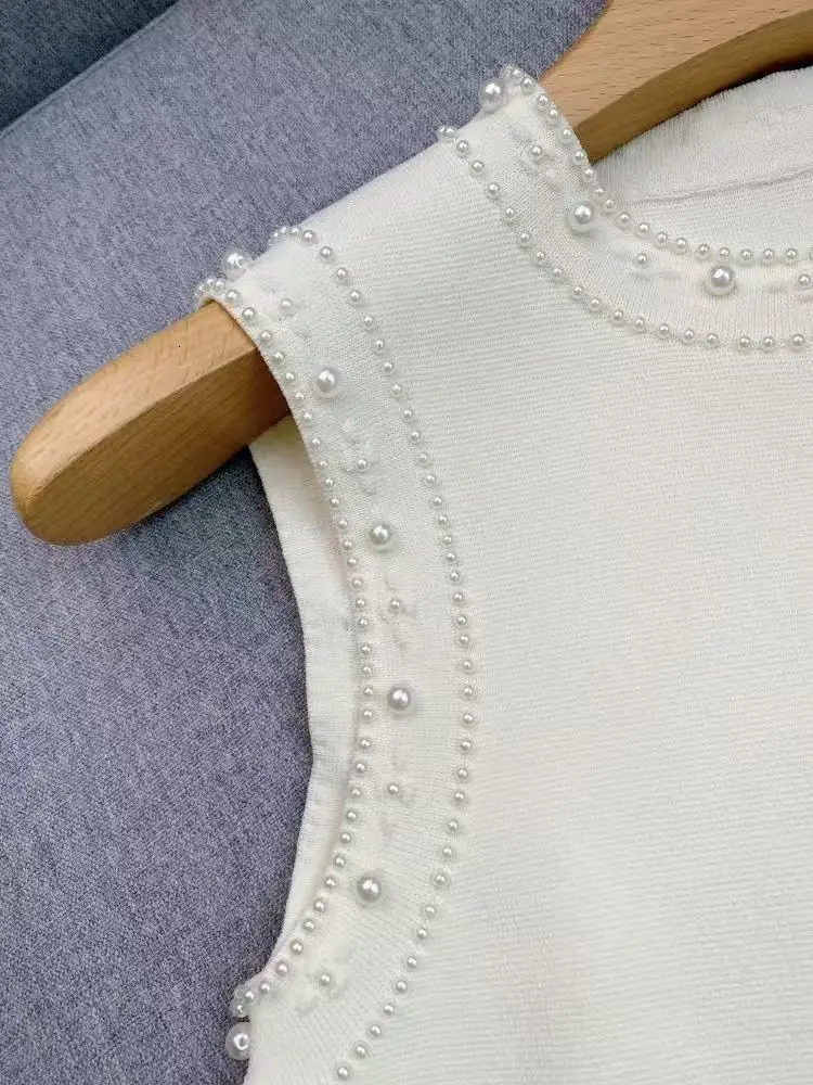 Early Spring Fashion Pearls Decorated Elegant Round Neck Sleeveless Splicing Knitted Dress Women or Short cardigan 251027