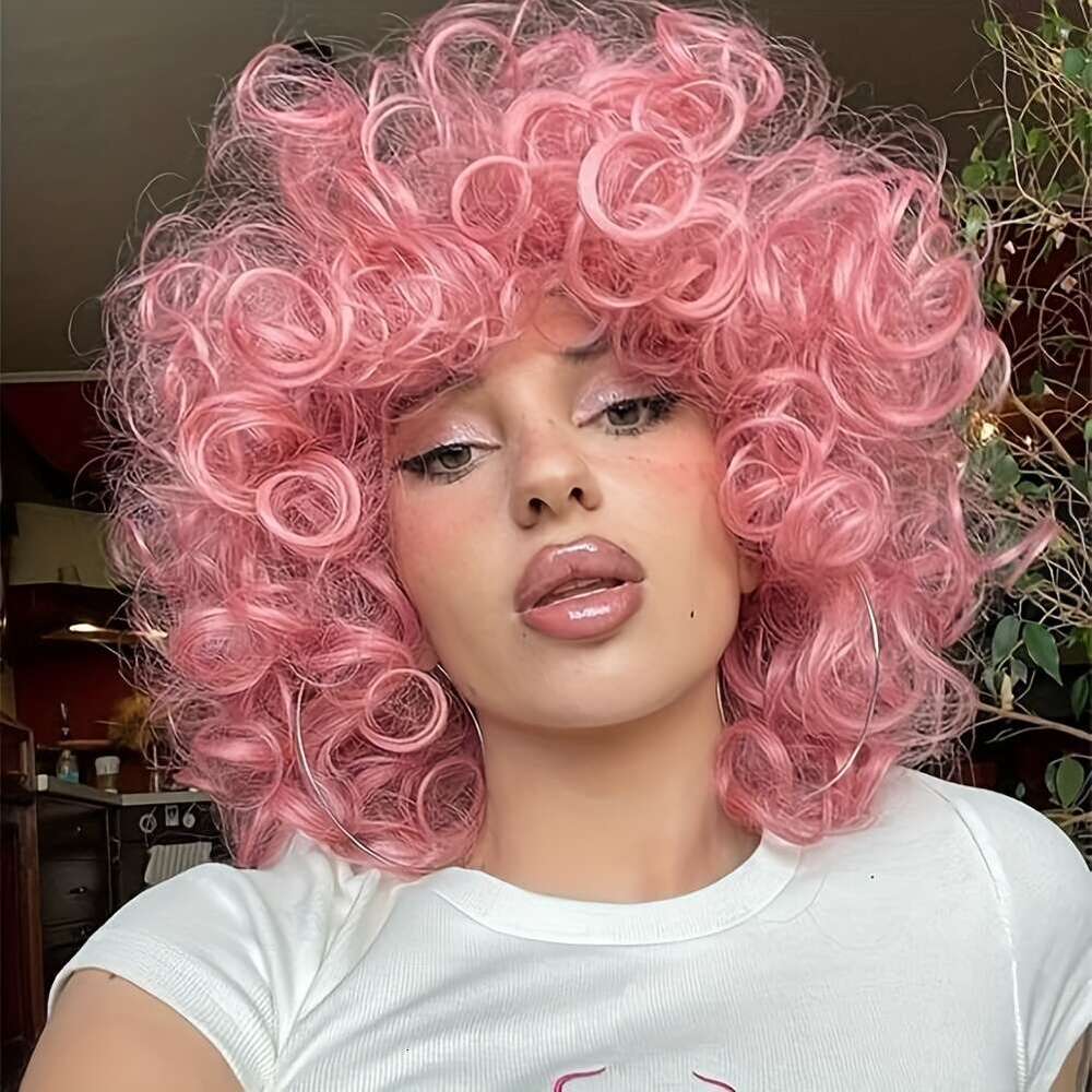 Short Wigs Black Soft, Big Bouncy Fluffy Curly With Bangs Afro Kinky Curls Heat Resistant Natural Looking Synthetic Wig For African American Women - S