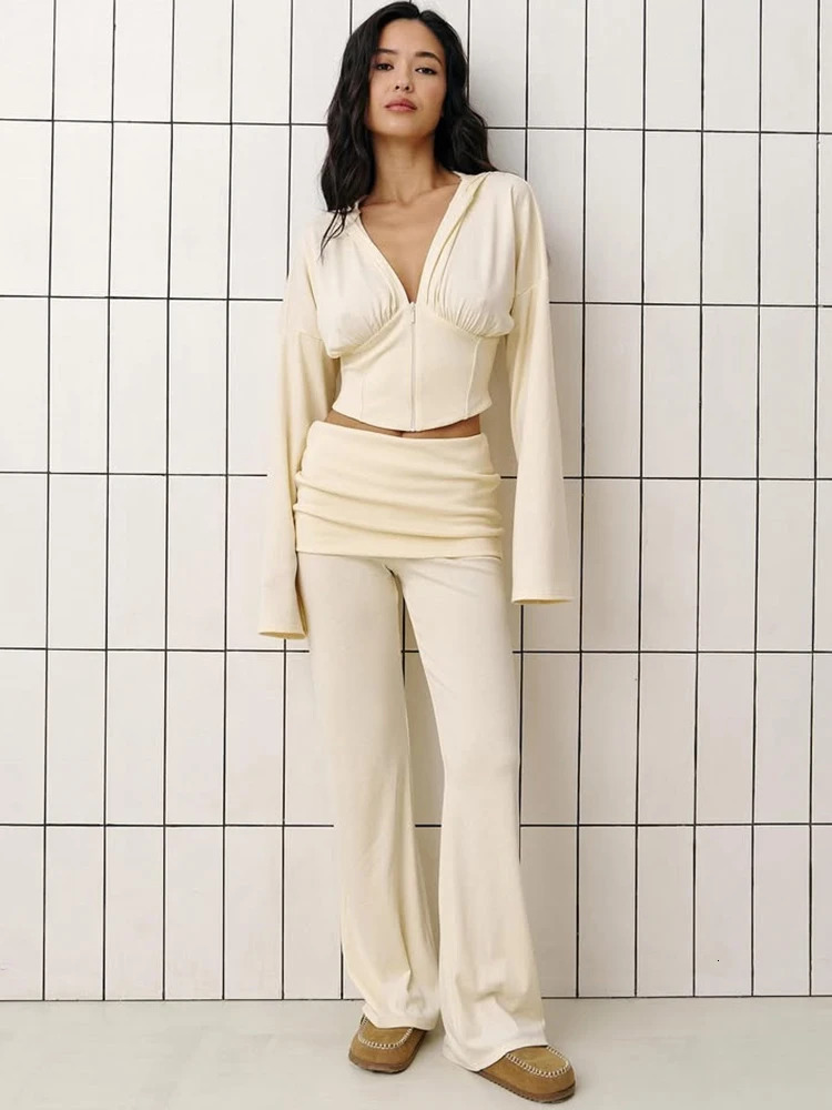 Oniflyme Fall Casual 2 Piece Pants Set Women Zipper Long Sleeve Hooded Crop Coats Flare Suits Sexy Ruched Matching Outfits 251027