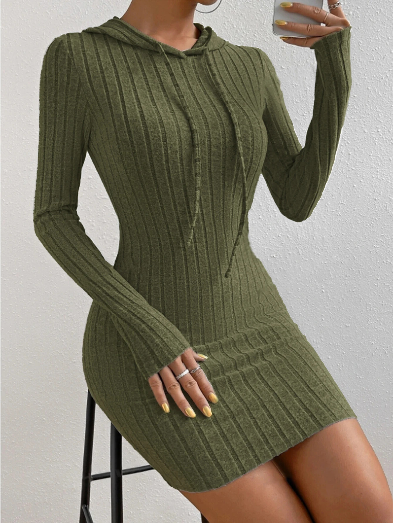 Womens Plain Hooded Drawstring Dress Casual TightFitting Long Sleeve for Spring Fall Comfortable Moderate Fabric 251027