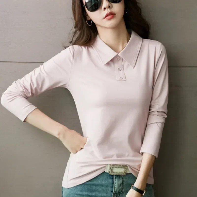 High Quality Tshirts 100 Cotton Female Tee Long Sleeve With Collar Korean Clothes Basic Pretty Original Womens Polo 251027