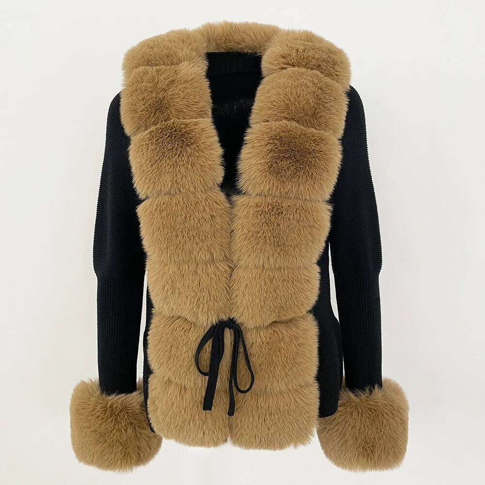 Coat Eco-Friendly Detachable Collar Knitwear Woman Fur Jacket Knitted Patchwork Knit Sweater Autumn Cardigan