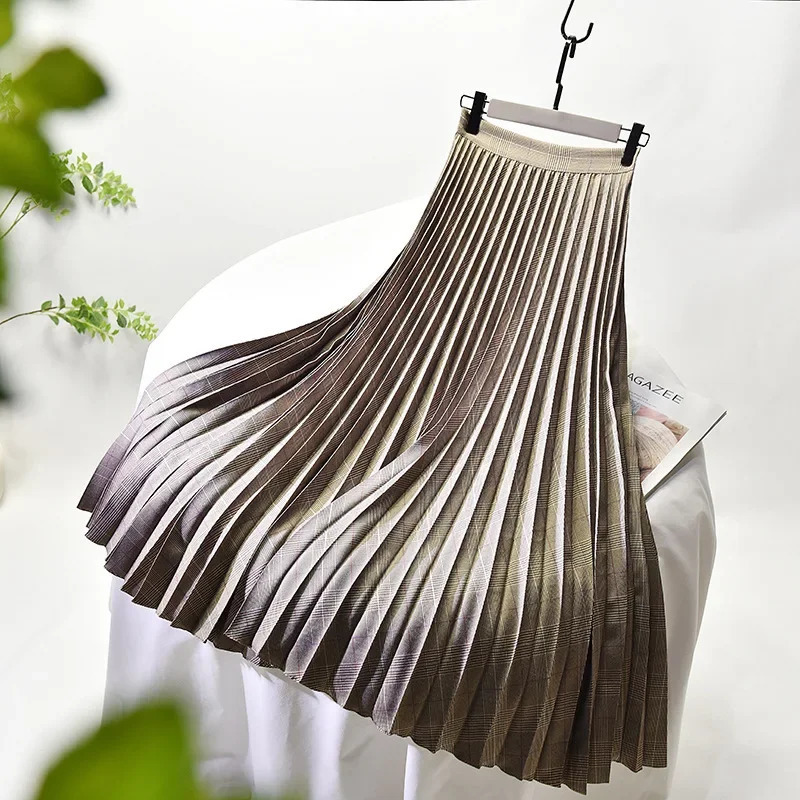 Looks Thin Pleated Skirt High Waist Aline Midlength Big Size Plaid Long Length 7590cm 251027